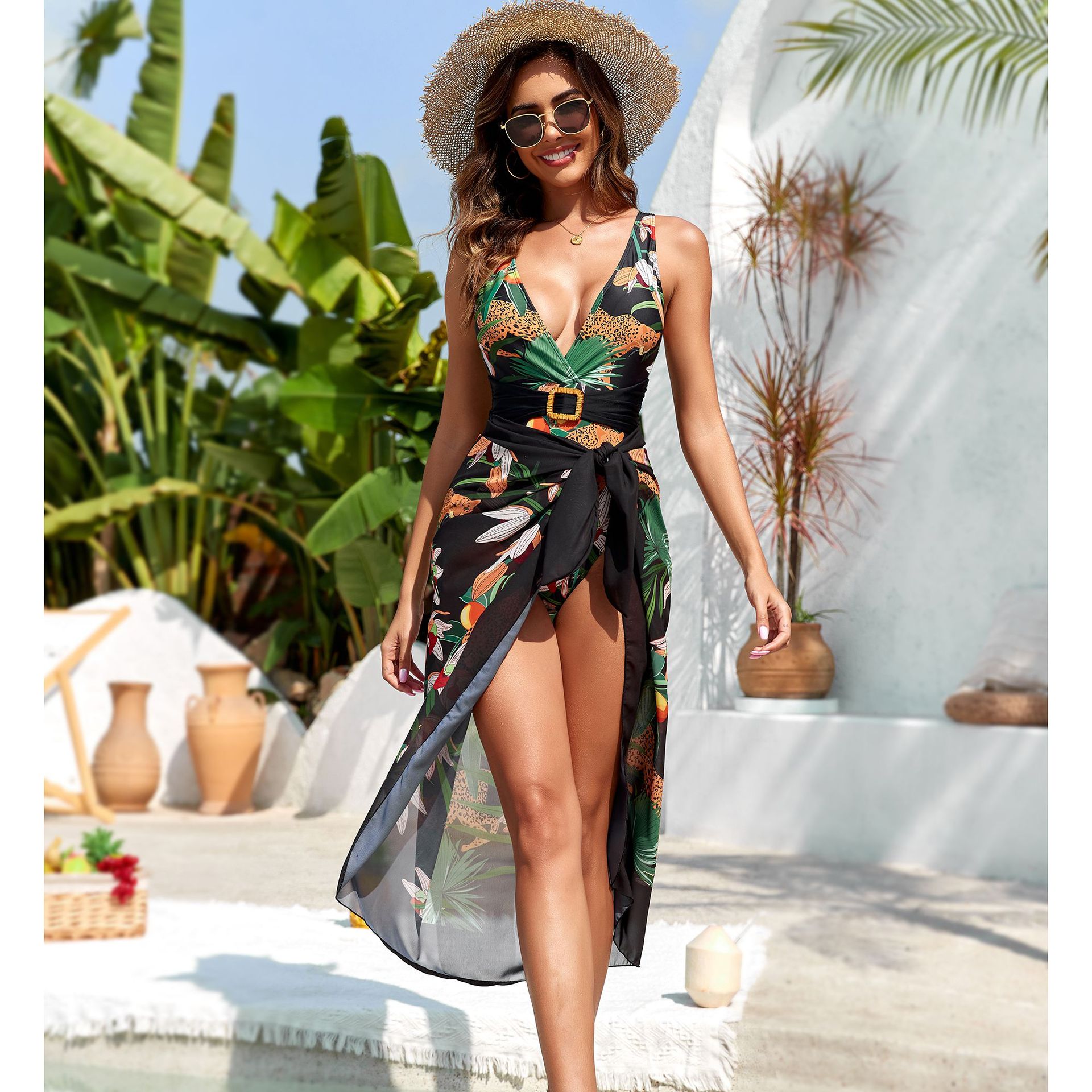 1 Piece Swimsuit Women with Cover Up Floral Print Swimwear Outfits Bathing Suits